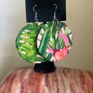 Tropical Leaf Green and Pink Dangle Earrings